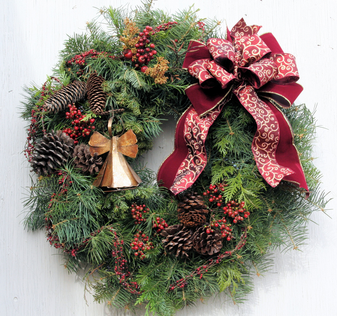 Handmade Christmas Evergreen Wreath With Red Ornaments, And A Big